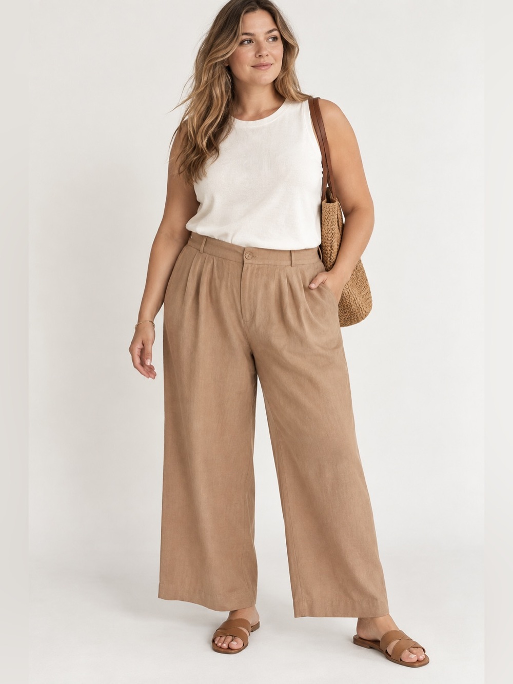 Me by Jennie Garth Women’s Size 16 Linen Blend Pleated Wide Leg Pants Tan